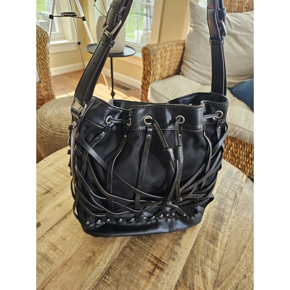 Etienne Aigner Black Vegan Leather Basket Weave Drawstring Hobo Bag Moto